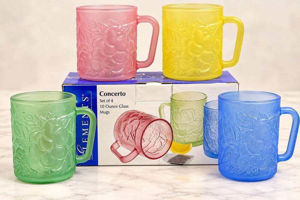 Elements Concerto Frosted Glass Mugs Set of 4 10oz Fruit Pastel NEW in Box